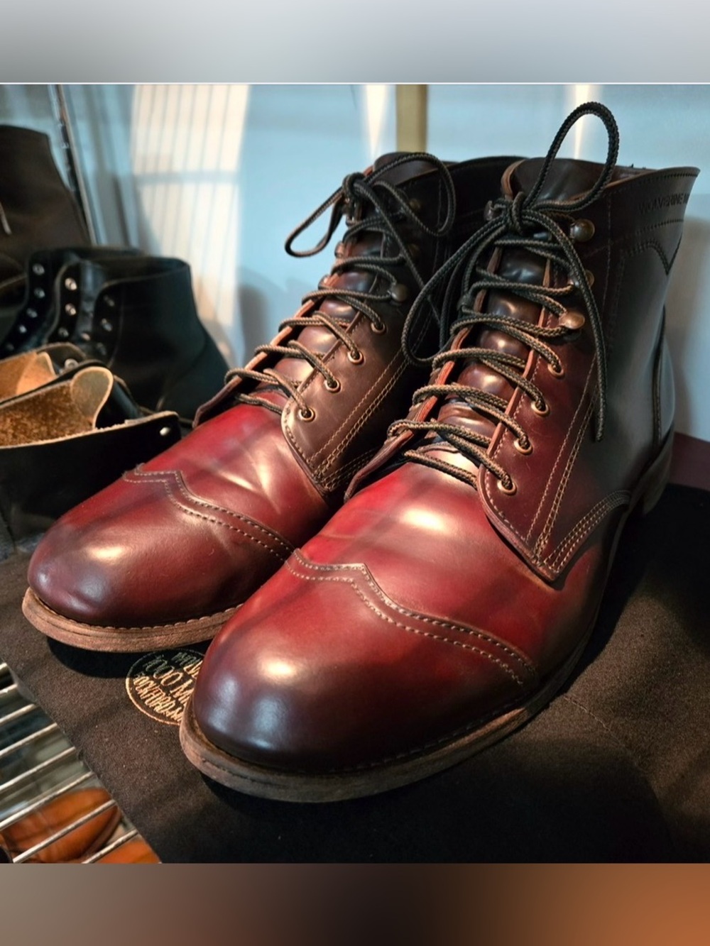 Exceptionally Rare Wolverine 1000 mile Shell Cordovan Wingtip boots, **With Box